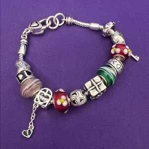 Silver Tone Charm Bracelet with Red Flower, Green and Brown Beads